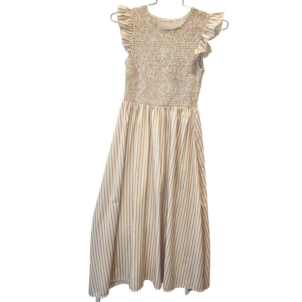 Shein Mustard Yellow White Striped Smocked Flutter Sleeve Midi Dress Medium